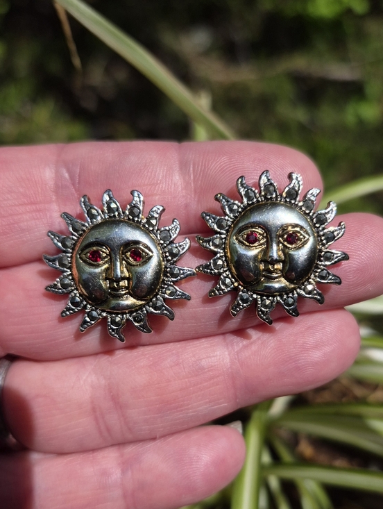 Unique Vintage Jewelry - Vintage Sun Marcasite Gold & Silver Tone Celestial Pierced Post Stud Earrings 1"